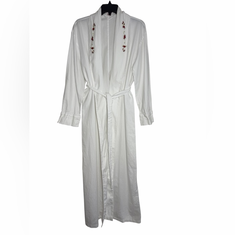 Vintage Victorias Secret Long Robe White Embroidered Red Rose Detail Medium